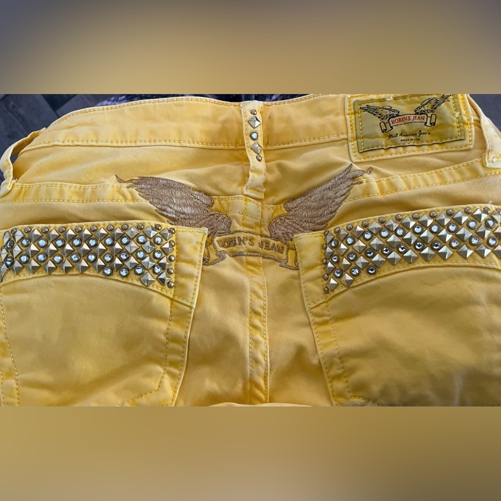 Robin's Jeans Girls Marylin Slim No Pocket Flaps Gems Wings Yellow Denim Sz 14